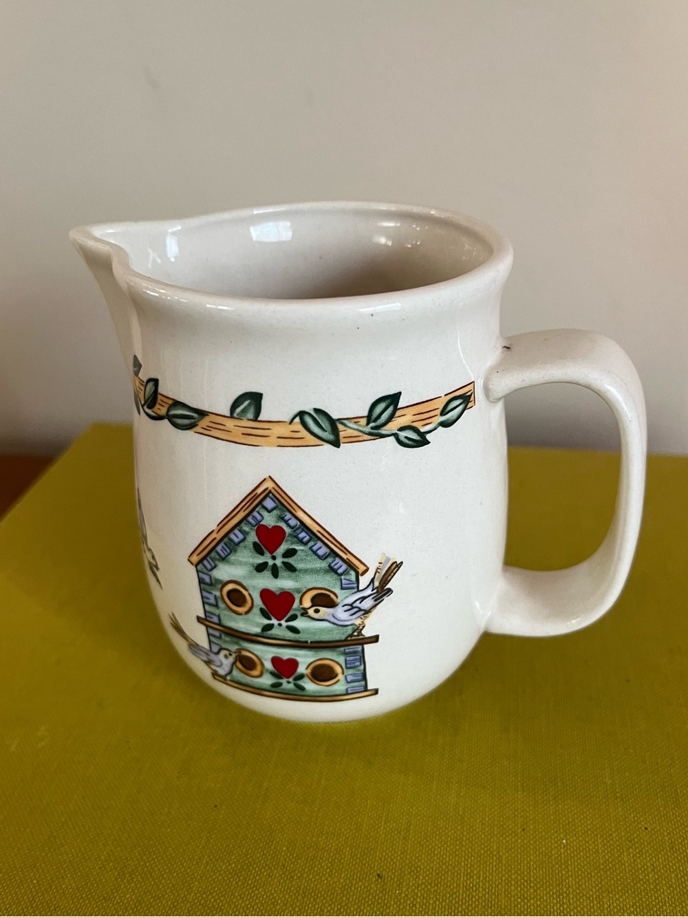 Hand-Painted Birdhouse Ceramic Pitcher in White - Picture 3 of 6